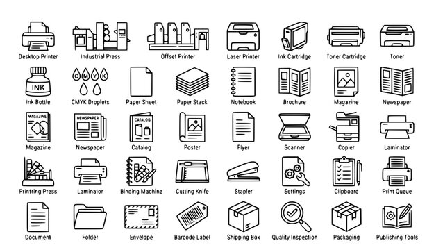 Printer Ink Paper and Printing Press Editable Stroke Line Icons Vector Illustration