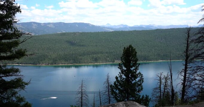 Boats on Redfish Lake in Idaho Sawtooth Mountain wilderness