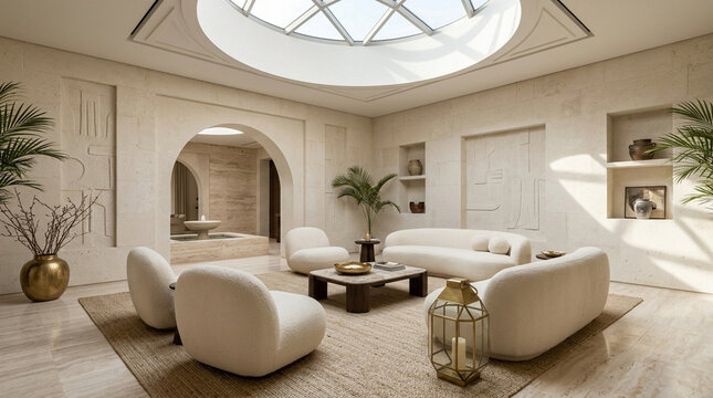Modern luxury living room with skylight and comfortable white boucle sofas