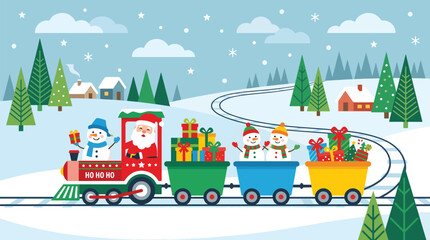 Naklejka premium Merry Christmas train carrying Santa Claus and snowmen with Christmas gifts through a snowy winter holiday landscape