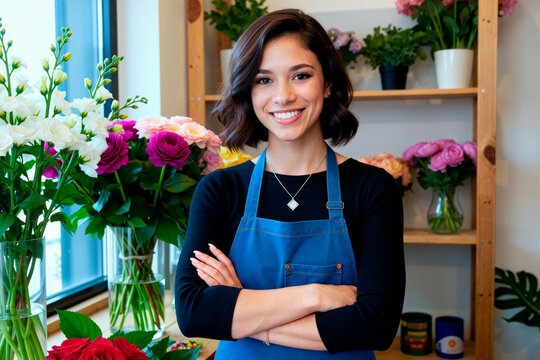 Portrait of young adult woman florist standing with crossed arms in flower shop, smiling at camera and presenting small business confidence. Ideal for retail branding and entrepreneurship