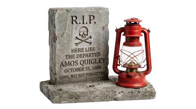 Vintage Halloween tombstone with red lantern, spooky graveyard decoration, R.I.P. grave marker, orange oil lamp, concrete memorial prop, haunting holiday staging isolated PNG with Transparent