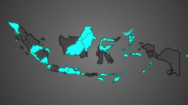 Animated outline map of Indonesia with provincial borders, isolated, ideal for geography, education, business, news, travel, and infographic projects.