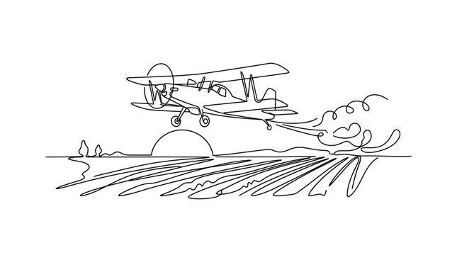 Continuous one line drawing of a vintage biplane dusting crops over a field.