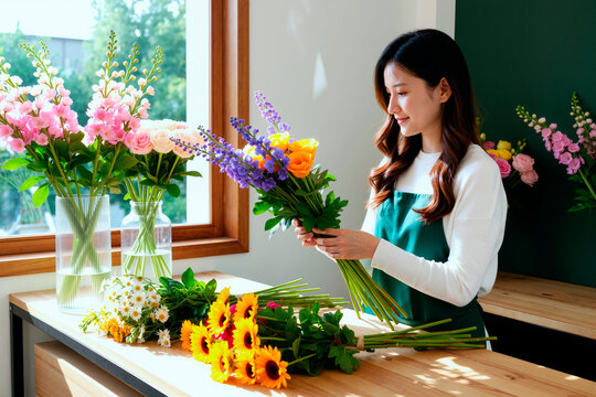 Asian young adult woman arranging flower bouquet in florist shop, preparing fresh floral order for retail sale. Concept of small business, gifting, seasonal marketing, wide shot