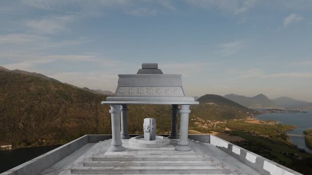 A highly detailed, realistic 3D illustration of an ancient Minoan-style temple situated majestically on a scenic hilltop. The structure features intricate high-relief ornamental patterns decorating th