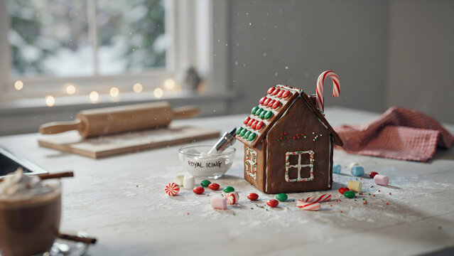 A gingerbread house decorated with red and green candies sits on a white kitchen counter with a rolling pin and a bowl of royal icing nearby