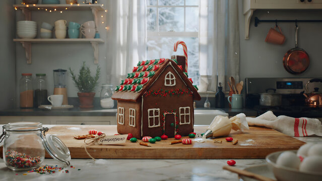 A gingerbread house with candy decorations sits on a wooden board in a kitchen with a glass jar of sprinkles and baking utensils in the back