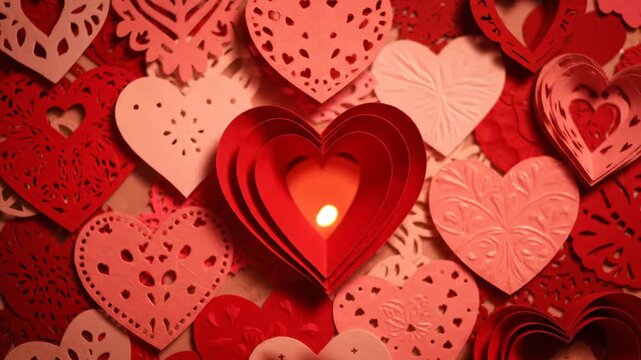 Abstract background of layered red and pink paper hearts with a glowing central candle for Valentine's Day romance and celebration.