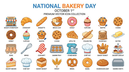 Fototapeta premium Set of Colorful Bakery Icons Isolated on White Background Representing Professional Baking Tools and Sweet Pastries