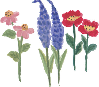 Pink, Blue, and Red Flowers Watercolor Illustration