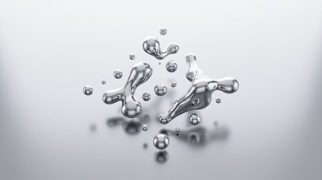Liquid metal droplets floating in air. Shiny mercury spheres suspended in zero gravity.