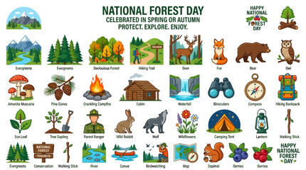 Fototapeta premium National Forest Day Outdoor Adventure and Nature Conservation Vector Icon Set Collection