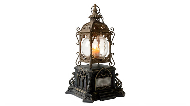 Vintage lit candle lantern decor, antique metal lamp lighting, classic rustic home ornament, retro illumination style, warm nostalgic elegant design. isolated PNG with Transparent Background