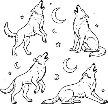 Set of handdrawn howling wolves with crescent moons and stars