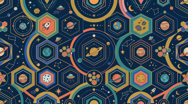 Outer space geometric seamless pattern with retro planets and rockets