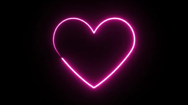 Abstract pink neon light forming half a heart shape on a black background. Graphic element symbolizing love and romance, ideal for overlays and digital design.