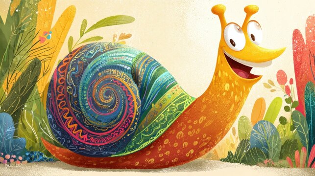 A colorful, happy snail with a detailed, spiraled shell crawls through a vibrant, whimsical garden full of plants and flowers.