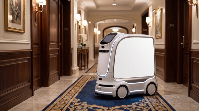 Autonomous robot in hotel corridor. Smart service droid delivering items in luxury hallway.