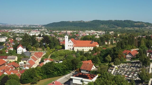 Church of the Assumption of Mary and Franciscan monastery in town of Samobor, Croata, drone aerial view