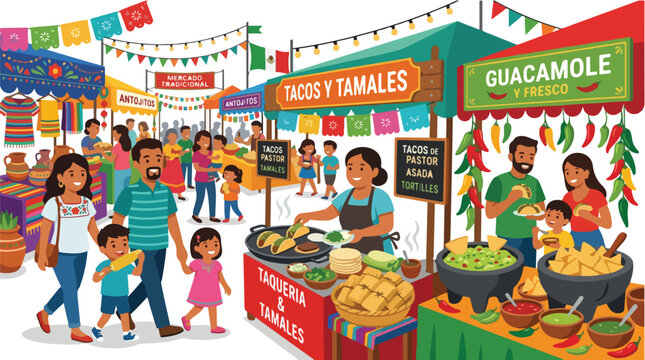 Colorful vector illustration of a Mexican food festival with people enjoying tacos and tamales at outdoor market stalls decorated with festive banners and lights.