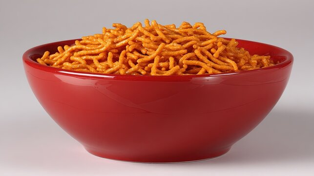 Spicy crispy indian sev snack piled high inside a shiny red ceramic bowl