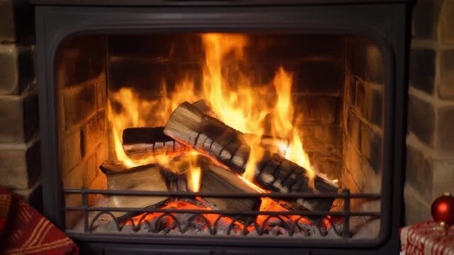 Cozy fireplace with crackling logs and warm glowing embers in a rustic stone hearth during winter