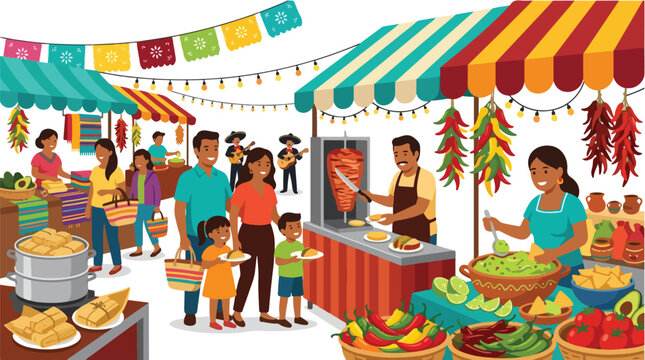 Vibrant Mexican food festival illustration featuring people enjoying traditional street food like tacos and tamales at a colorful outdoor market with mariachi
