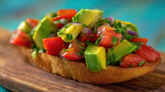 Avocado and tomato bruschetta on toasted bread with herbs on a wooden board