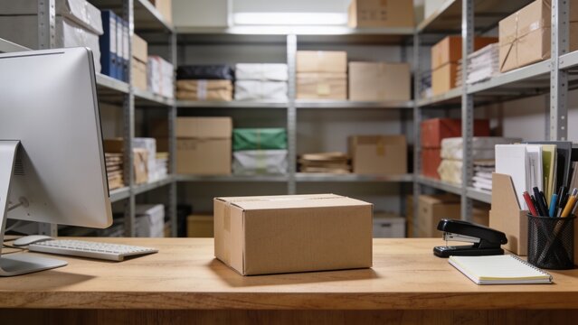 Contemporary mailroom featuring shipping box on wooden counter, computer workstation, and parcel storage shelves, photorealistic.