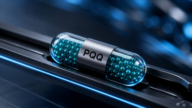 A PQQ supplement capsule sits on a dark surface. The capsule contains small blue beads that are visible through the transparent outer layer. The background has blue lighting