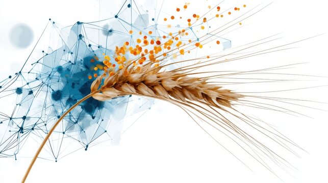 Abstract network connections overlaid on a wheat stalk, symbolizing technological advancement in agriculture and biotechnology