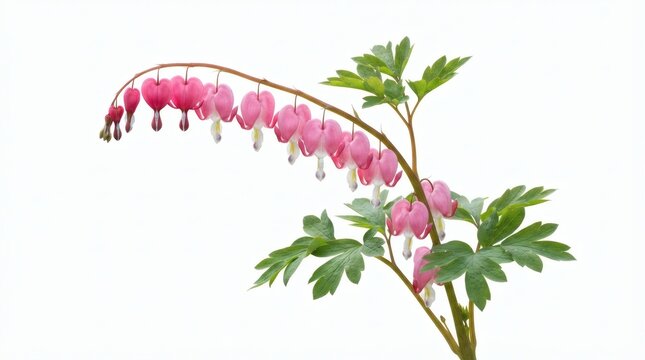 Pink bleeding heart flower cluster Lamprocapnos spectabilis blooming on green stem with leaves isolated on white background macro photography