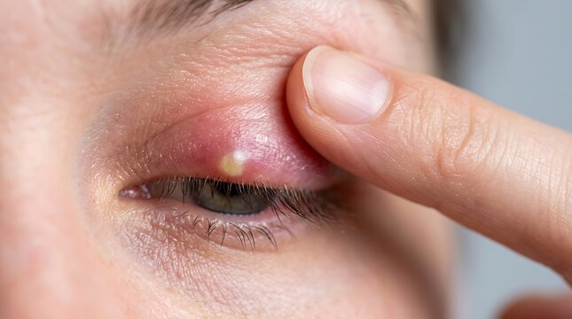 Close up of a person touching a painful swollen red stye or chalazion on their upper eyelid