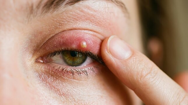 Close up of a person with a swollen red eyelid showing signs of a stye or infection