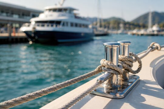 Close up of heavy metallic bollard with thick nautical mooring rope securing luxury yacht at marina dock.