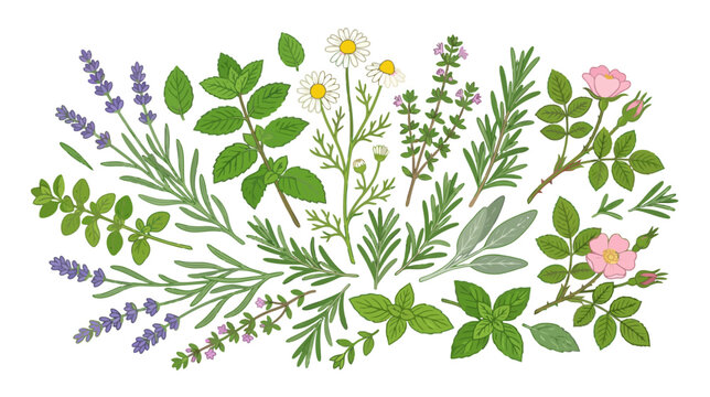 Herbal illustrations: Lavender, mint, rosemary, chamomile, sage, rose.
