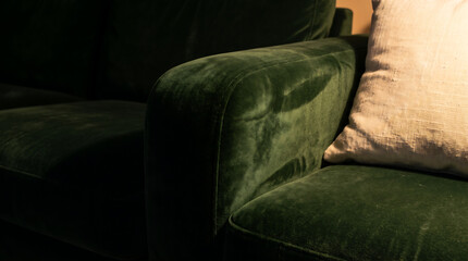 Obraz premium Luxury interior detail, deep green velvet surface in lamplight, rich pile direction visible, cream linen cushion accent, dramatic warm-dark contrast