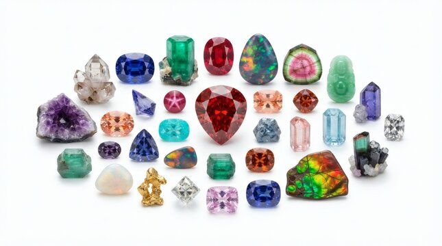 Collection of diverse colorful gemstones including rare crimson red beryl, sapphire, emerald and raw crystals on white background