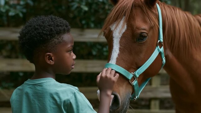 Child facing chestnut horse with teal halter closeup for equine care portrait and animal bond background design
