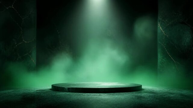 Dark green stage with circular platform and spotlight in smoky environment