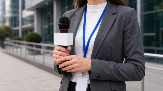 Professional female news reporter holding a blank microphone while standing outdoors in front of a modern city building, journalism and media broadcasting concept