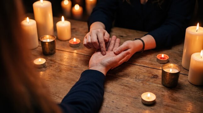 Fortune teller reading lines on client palm on rustic wooden table with lit candles in dark room, mystical palmistry concept