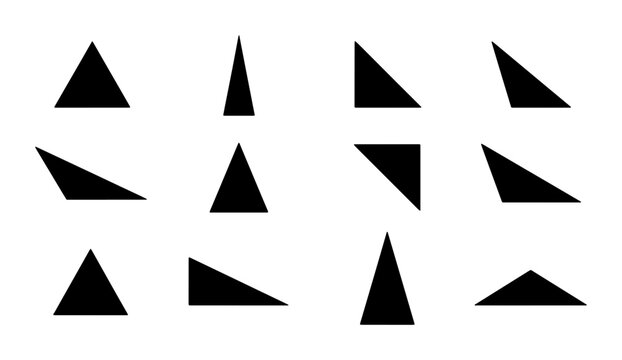 Minimalist black triangle icons set, 12 geometric vector shapes, abstract sharp corner silhouettes for graphic design and branding layouts