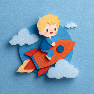 Blond boy in blue rides red rocket surrounded by clouds in playful sky scene with cheerful expression