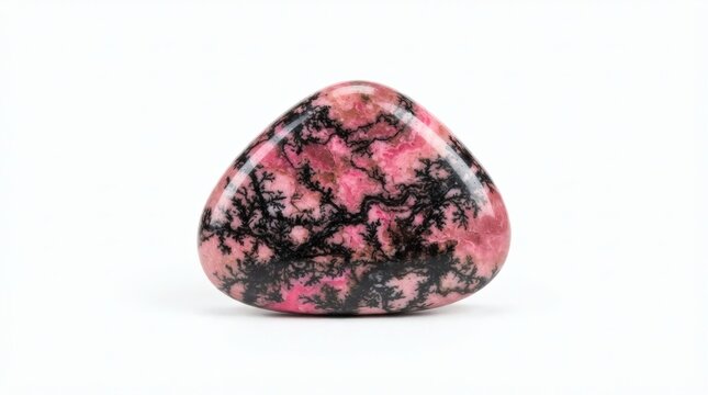 Polished Rhodonite Gemstone with Black Veins Isolated on White Background, a Mineral Known for Its Pink Hue and Healing Properties