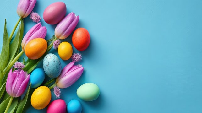 Colorful Easter eggs and pink tulips arranged on a light blue background, creating a festive and vibrant spring composition.