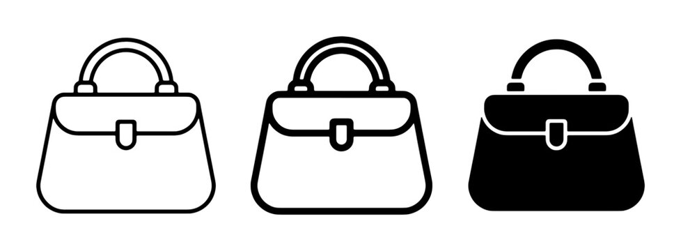 Minimalist handbag icon set, elegant woman purse vector illustrations, black and white fashion accessory symbols for retail and shopping apps