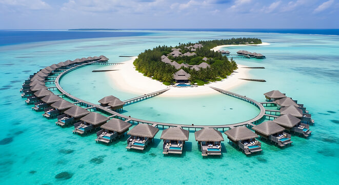 Luxury Resort Paradise Island Aerial View Turquoise Water Overwater Bungalows