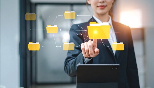 Business Professionals Interacting with Glowing Digital Folder System for Document Management and Cloud Storage Concept
